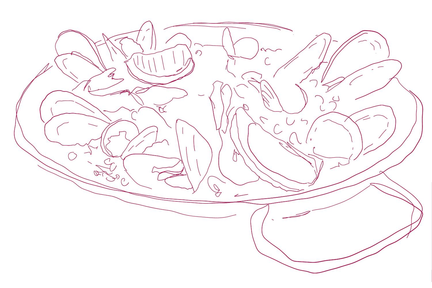 Illustration einer Paella mit Muscheln