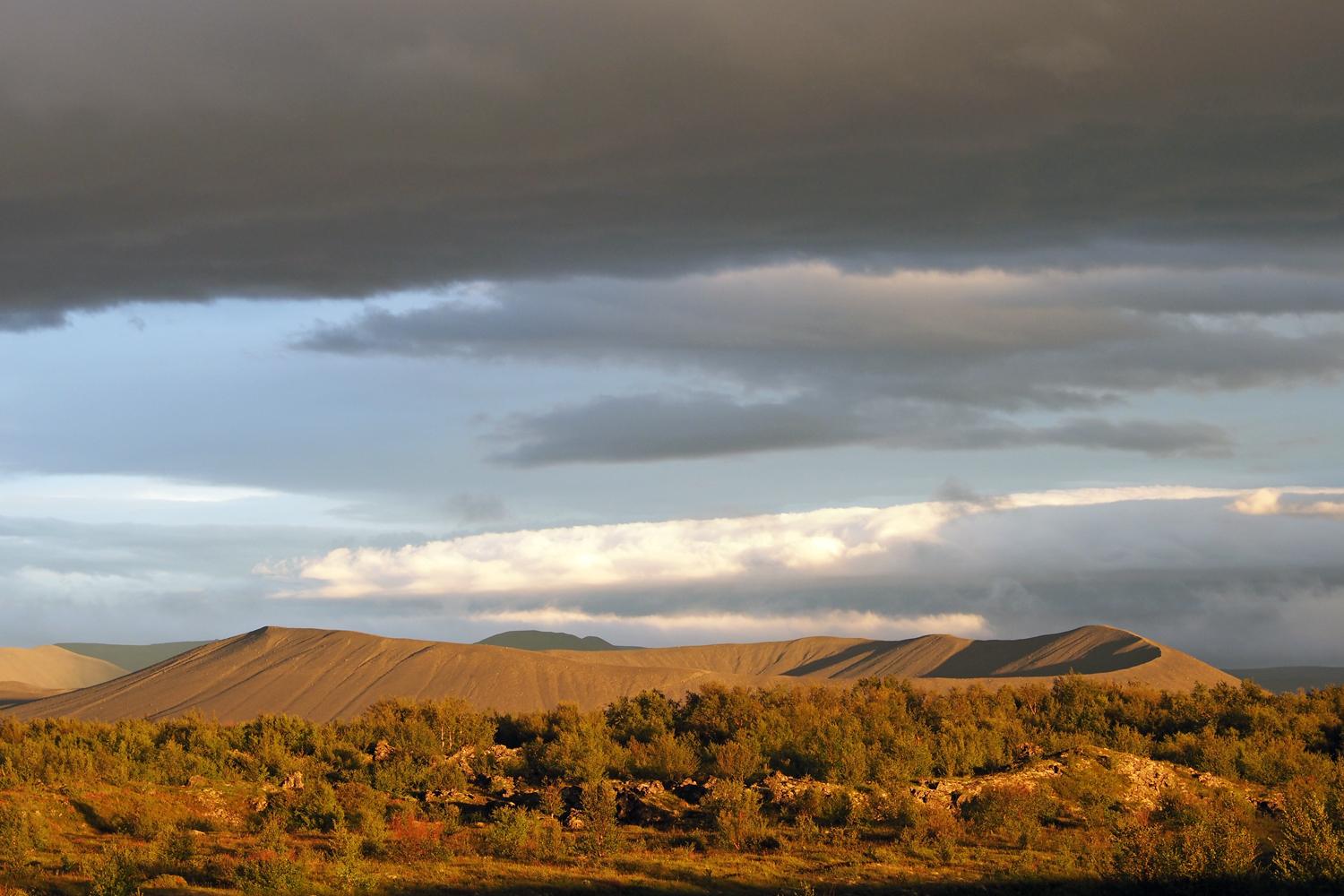 Der Ringwallkrater Hverfell hinter einer gestrüppartigen Landschaft und mit Wolken bedecktem Himmel