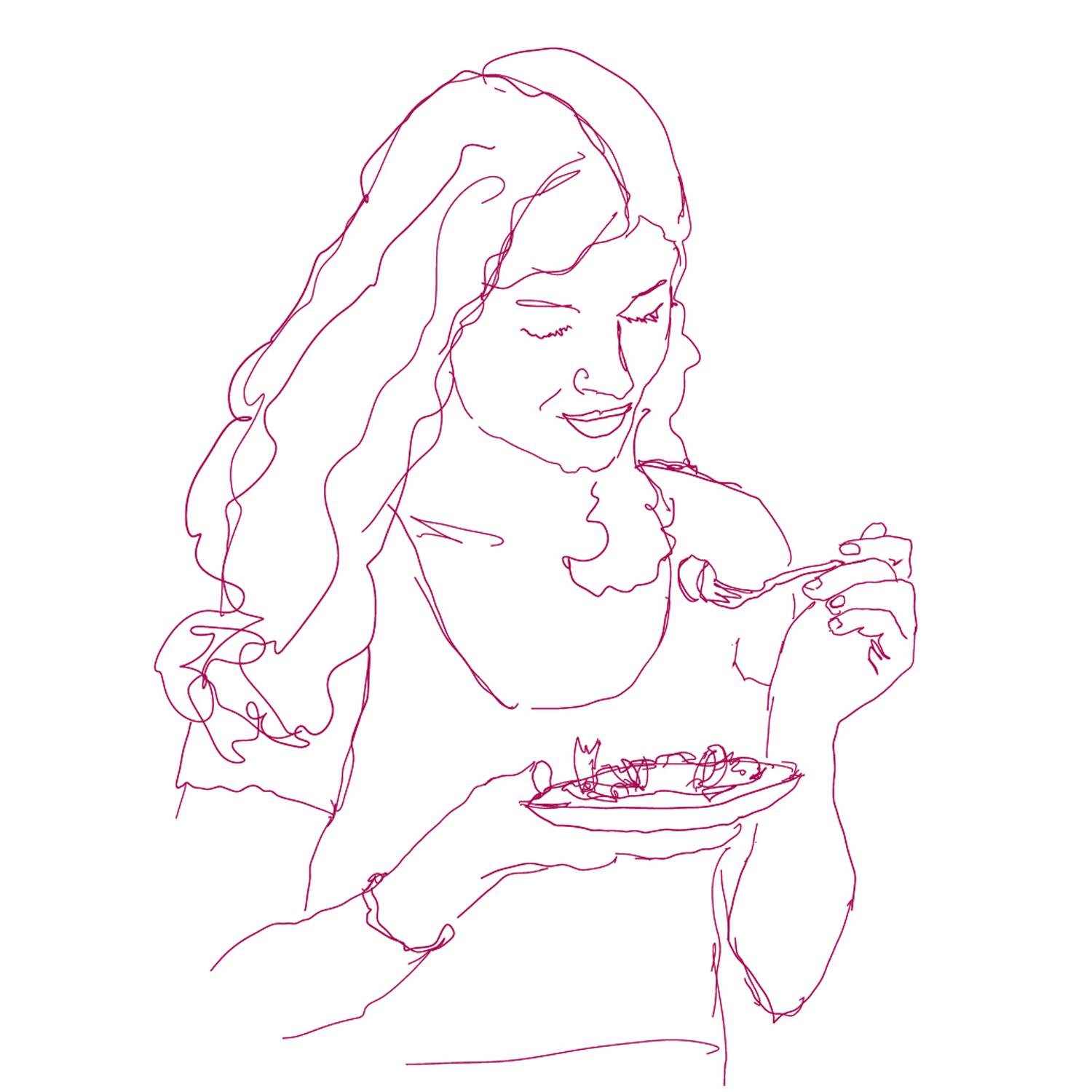 Illustration einer Frau mit Teller und Gabel in der Hand