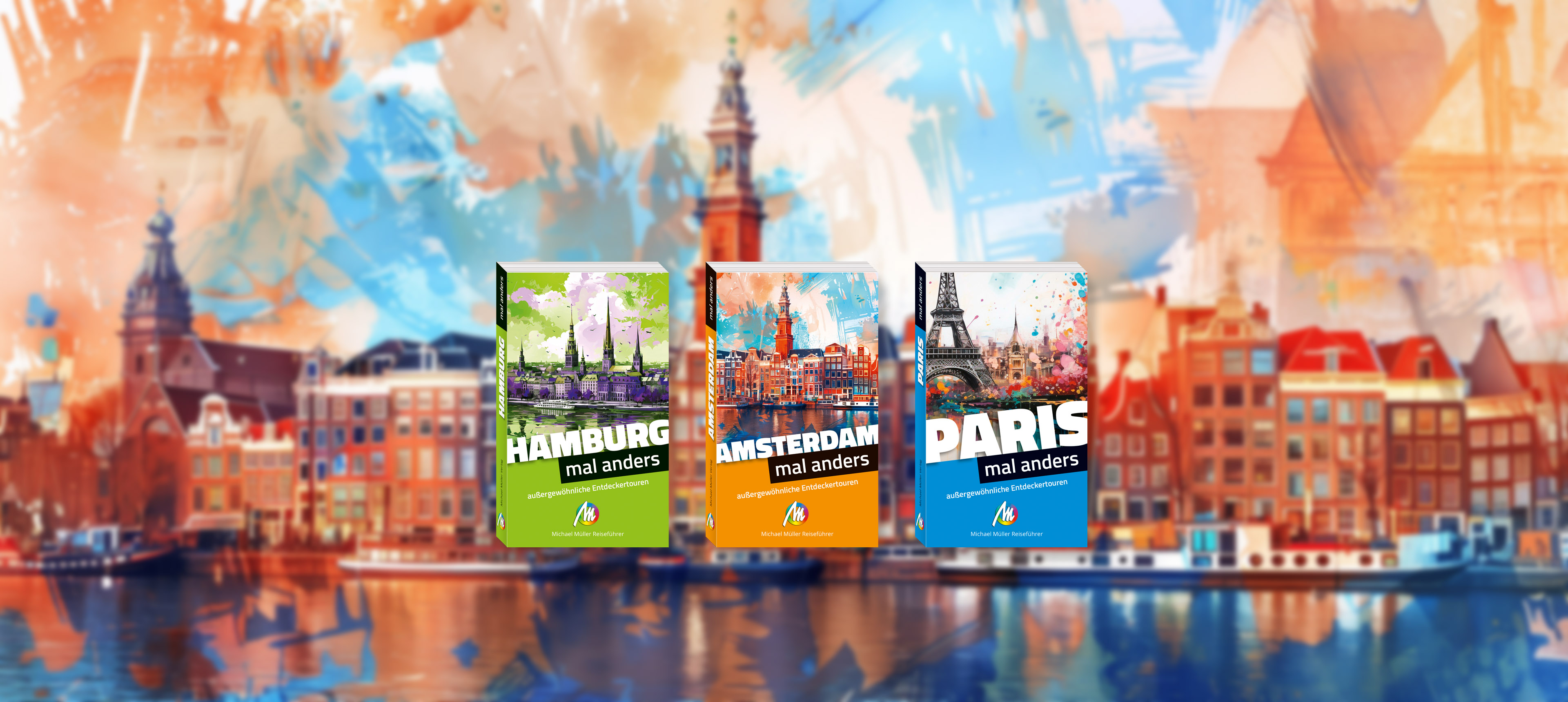 Kunstwerk von Amsterdam mit abstrakten Farbelementen. Außerdem drei Buchcover von Reiseführern Hamburg, Amsterdam, Paris